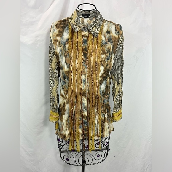 Y2K Piano sheer mixed media button down collared blouse size M - Picture 1 of 9